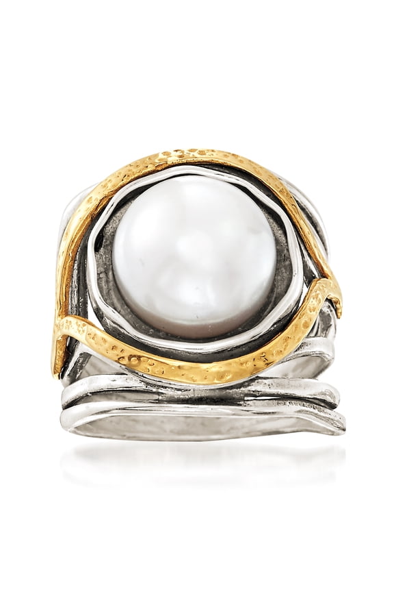 11.5-12mm Cultured Pearl Openwork Ring in Sterling Silver and 14kt Yellow Gold, Women's, Adult