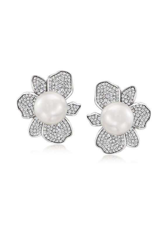 11mm Shell Pearl and 2.20 ct. t.w. CZ Floral Earrings in Sterling Silver, Women's, Adult