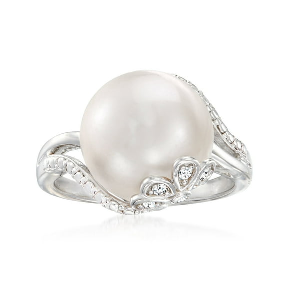 Ross-Simons 12-12.5mm Cultured Pearl Ring With Diamond Accents in Sterling Silver, Women's, Adult