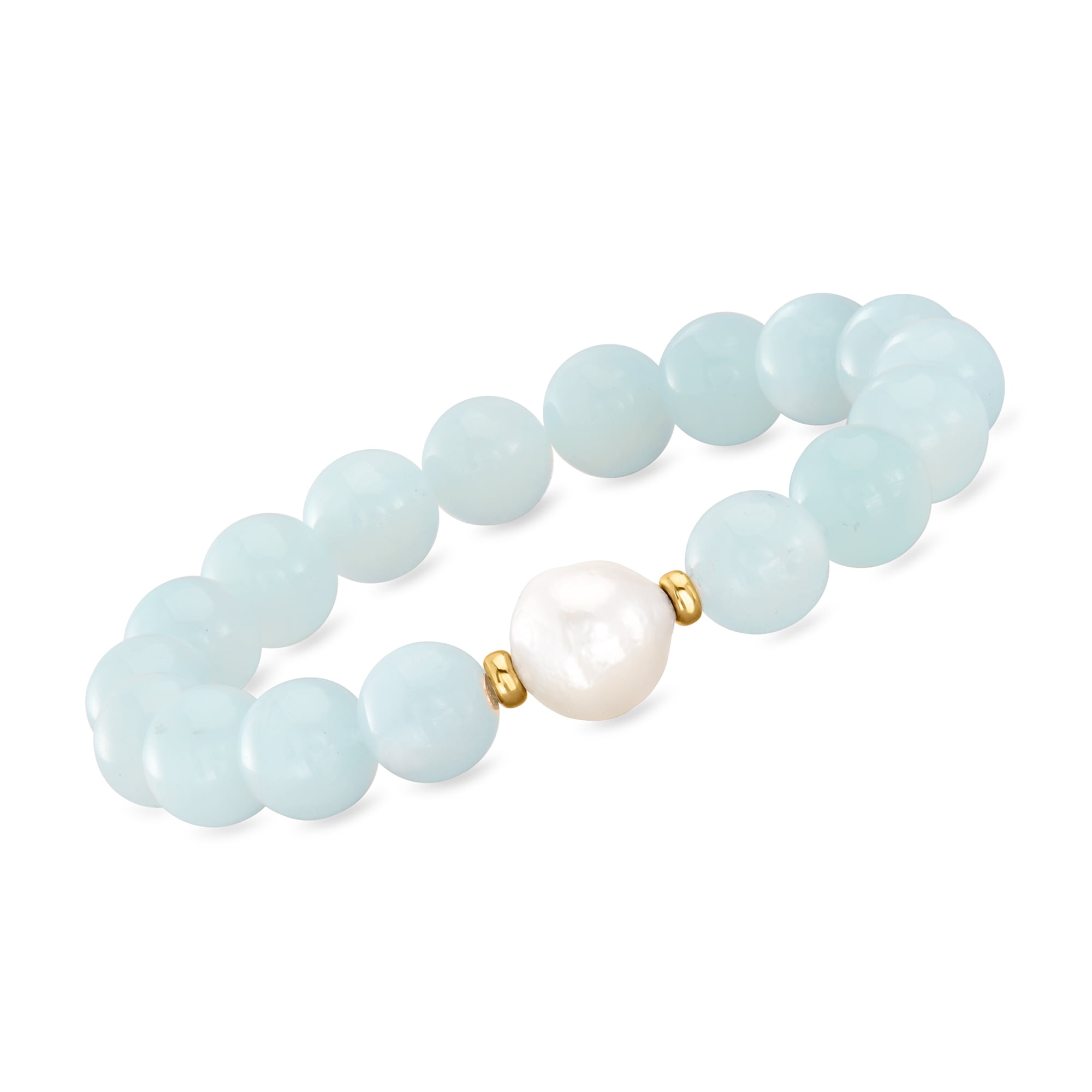 ROSS-SIMONS 12-13mm Cultured Baroque Pearl and Milky Aquamarine Stretch Bracelet With 14kt Yellow Gold, Women's, Adult