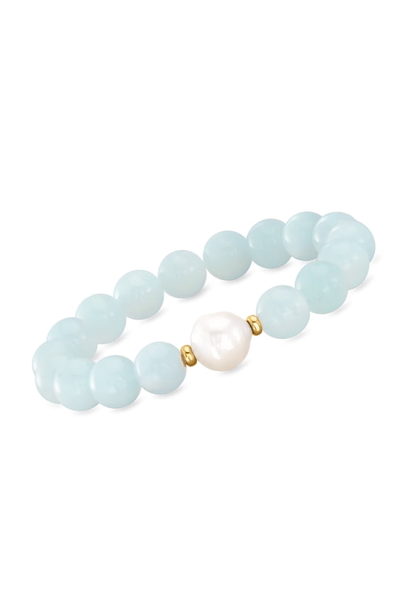 12-13mm Cultured Baroque Pearl and Milky Aquamarine Stretch Bracelet With 14kt Yellow Gold, Women's, Adult