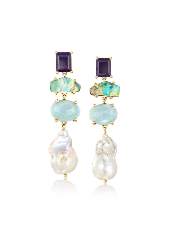 12-13mm Cultured Pearl, 10.00 ct. t.w. Aquamarine and 6.50 ct. t.w. Sapphire Drop Earrings With Black Abalone Shell in 18kt Gold Over Sterling, Women's, Adult