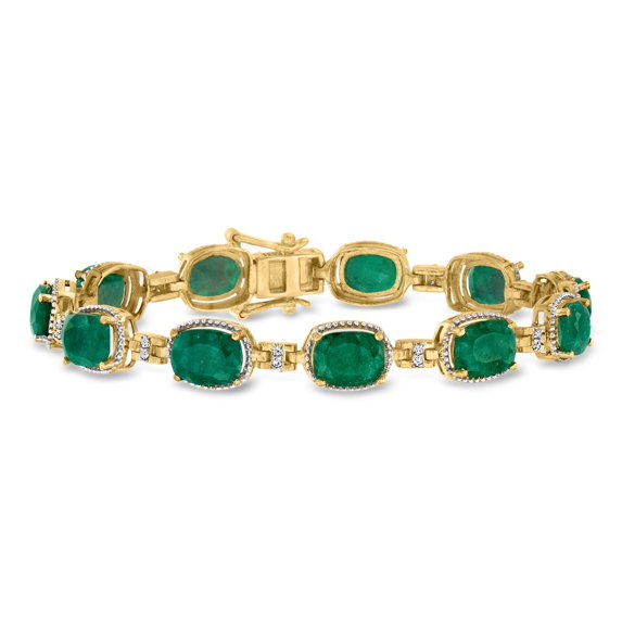 Ross-Simons 13.00 ct. t.w. Emerald and .18 ct. t.w. Diamond Bracelet in 18kt Gold Over Sterling, Women's, Adult