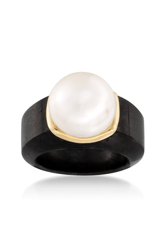 13-13.5mm Cultured Pearl Ring in Black Jade and 14kt Yellow Gold, Women's, Adult