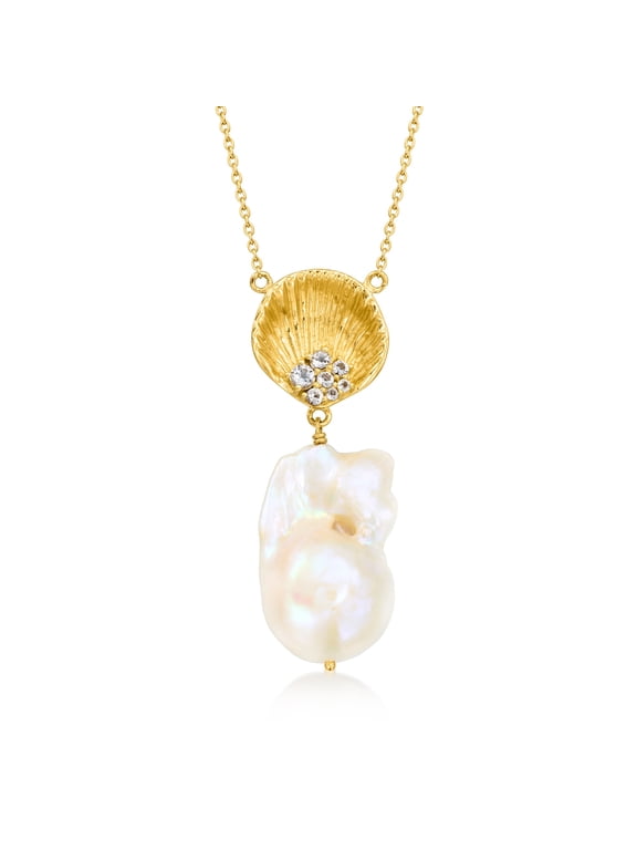 13-16mm Cultured Baroque Pearl and Seashell Necklace With .40 ct. t.w. White Topaz in 18kt Gold Over Sterling, Women's, Adult
