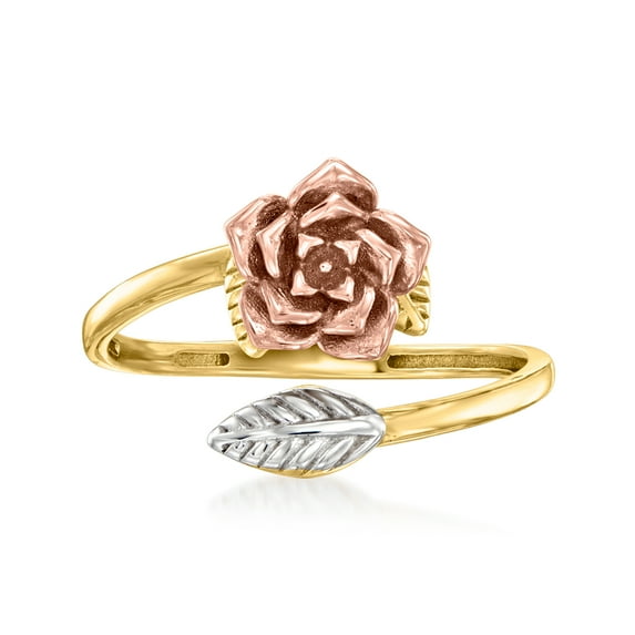 Ross-Simons 14kt Tri-Colored Gold Rose and Leaf Bypass Ring, Women's, Adult