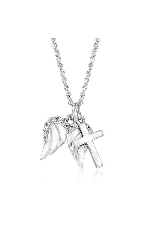 14kt White Gold Cross and Angel Wings Pendant Necklace With Diamond Accents, Women's, Adult