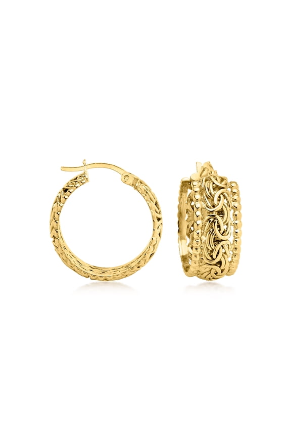 14kt Yellow Gold-Plated Byzantine Beaded-Edge Hoop Earrings, Women's, Adult