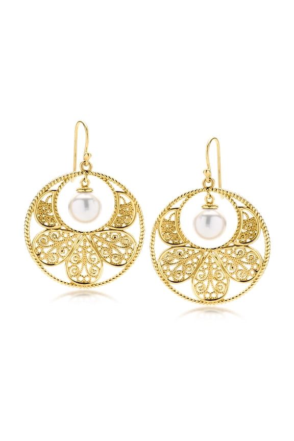 14kt Yellow Gold-Plated Filigree Disc Drop Earrings With 10mm Shell Pearls, Women's, Adult
