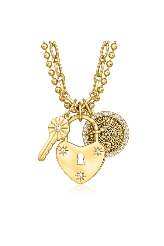 14kt Yellow Gold-Plated Key, Heart Lock and Coin Charm Necklace With 1.00 ct. t.w. Czs, Women's, Adult