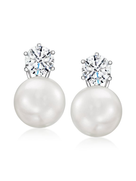 14mm Shell Pearl and 3.80 ct. t.w. CZ Earrings in Sterling Silver, Women's, Adult