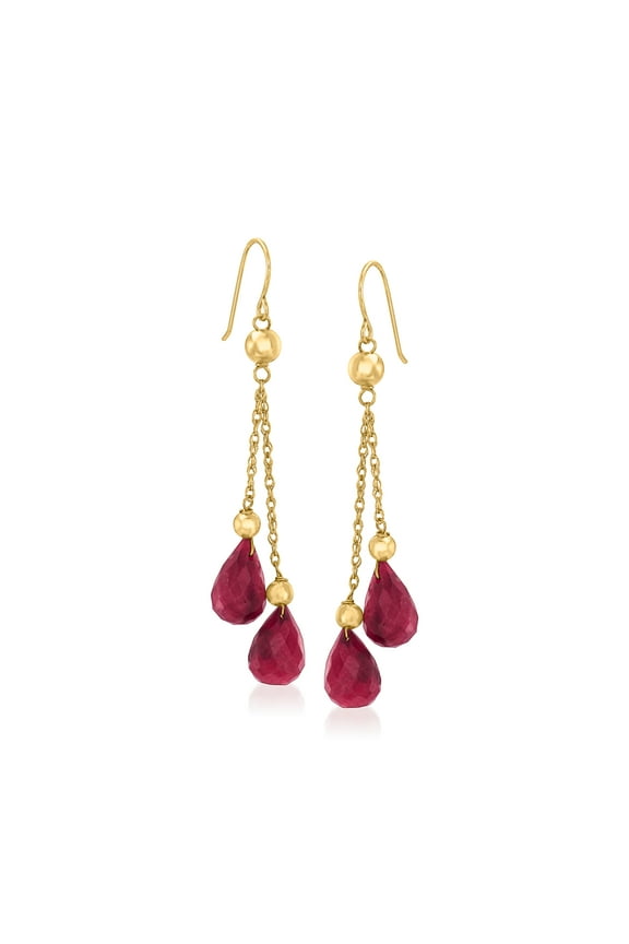 15.00 ct. t.w. Ruby and Bead Double Drop Earrings in 14kt Yellow Gold, Women's, Adult