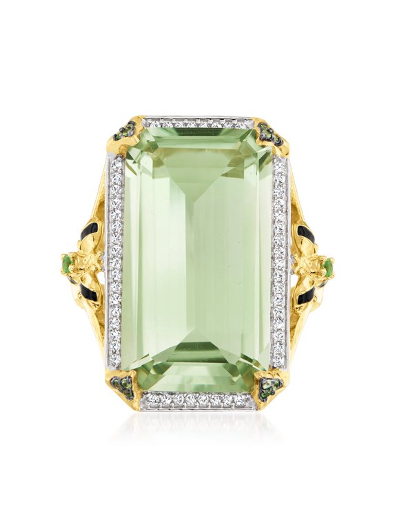 16.00 Carat Prasiolite and .20 ct. t.w. White Topaz Bumblebee Ring With Black Enamel in 18kt Gold Over Sterling, Women's, Adult