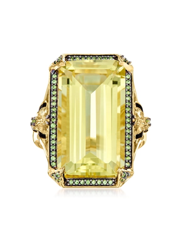 18.00 Carat Lemon Quartz and .30 ct. t.w. Tsavorite Ring With Black Enamel in 18kt Gold Over Sterling, Women's, Adult