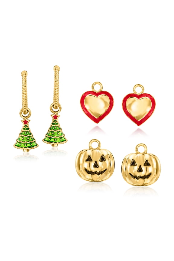 18kt Gold Over Sterling Jewelry Set: Hoop Earrings With Interchangeable Holiday Charms, Women's, Adult