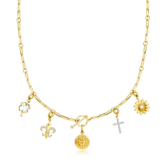 Ross-Simons 18kt Gold Over Sterling "T and T Twin Talk" Multi-Charm Paper Clip Link Toggle Necklace, Women's, Adult