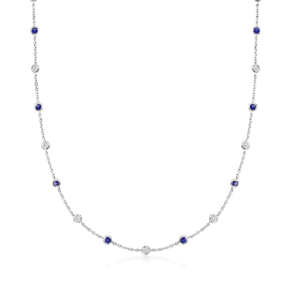 Ross-Simons 2.30 ct. t.w. CZ and 2.00 ct. t.w. Simulated Sapphire Station Necklace in Sterling Silver, Women's, Adult