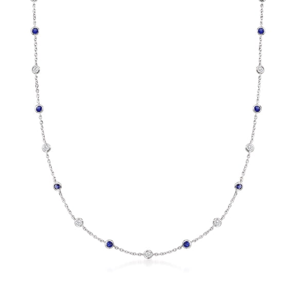 Ross-Simons 2.30 ct. t.w. CZ and 2.00 ct. t.w. Simulated Sapphire Station Necklace in Sterling Silver, Women's, Adult