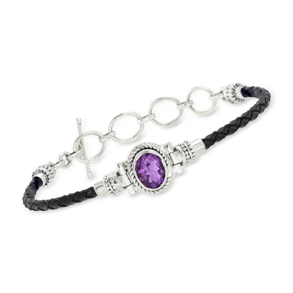 Ross-Simons 2.50 Carat Amethyst and Black Leather Toggle Bracelet in Sterling Silver, Women's, Adult