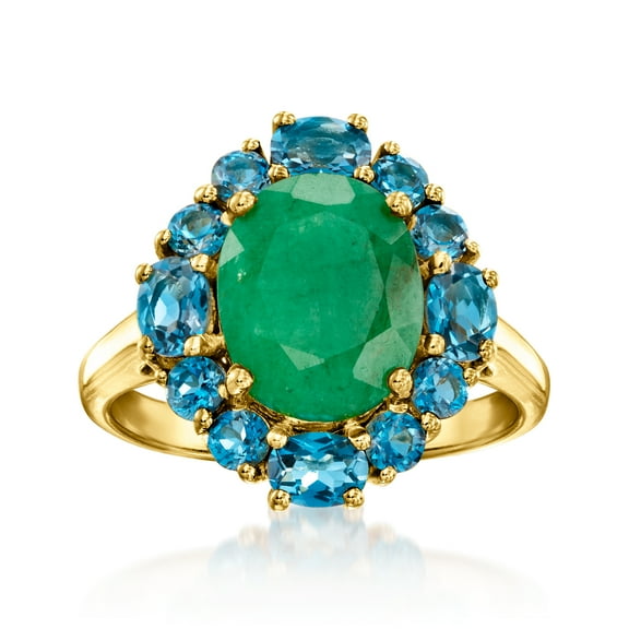 Ross-Simons 2.80 Carat Emerald and 1.40 ct. t.w. London Blue Topaz Ring in 18kt Gold Over Sterling, Women's, Adult