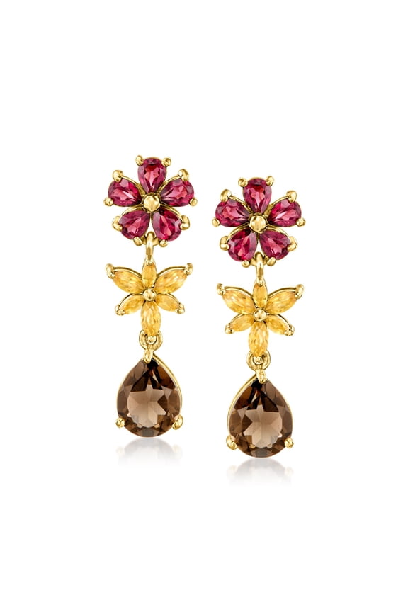 2.80 ct. t.w. Smoky Quartz and 2.00 ct. t.w. Rhodolite Garnet Flower Drop Earrings With .60 ct. t.w. Citrines in 18kt Gold Over Sterling, Women's, Adult