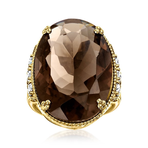 Ross-Simons 20.00 Carat Smoky Quartz and 1.60 ct. t.w. White Zircon Ring in 18kt Gold Over Sterling, Women's, Adult