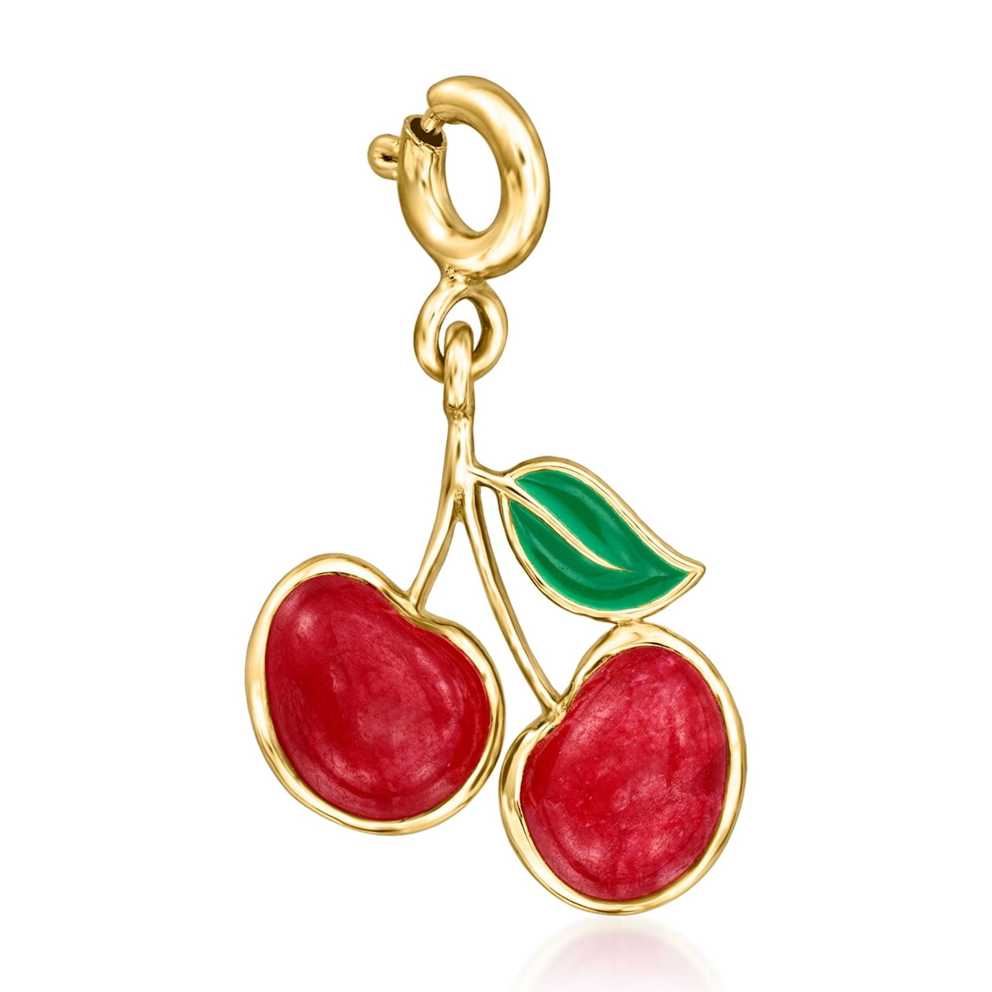 ROSS-SIMONS 3.00 ct. t.w. Ruby Cherries Charm With Green Enamel in 18kt Gold Over Sterling, Women's, Adult