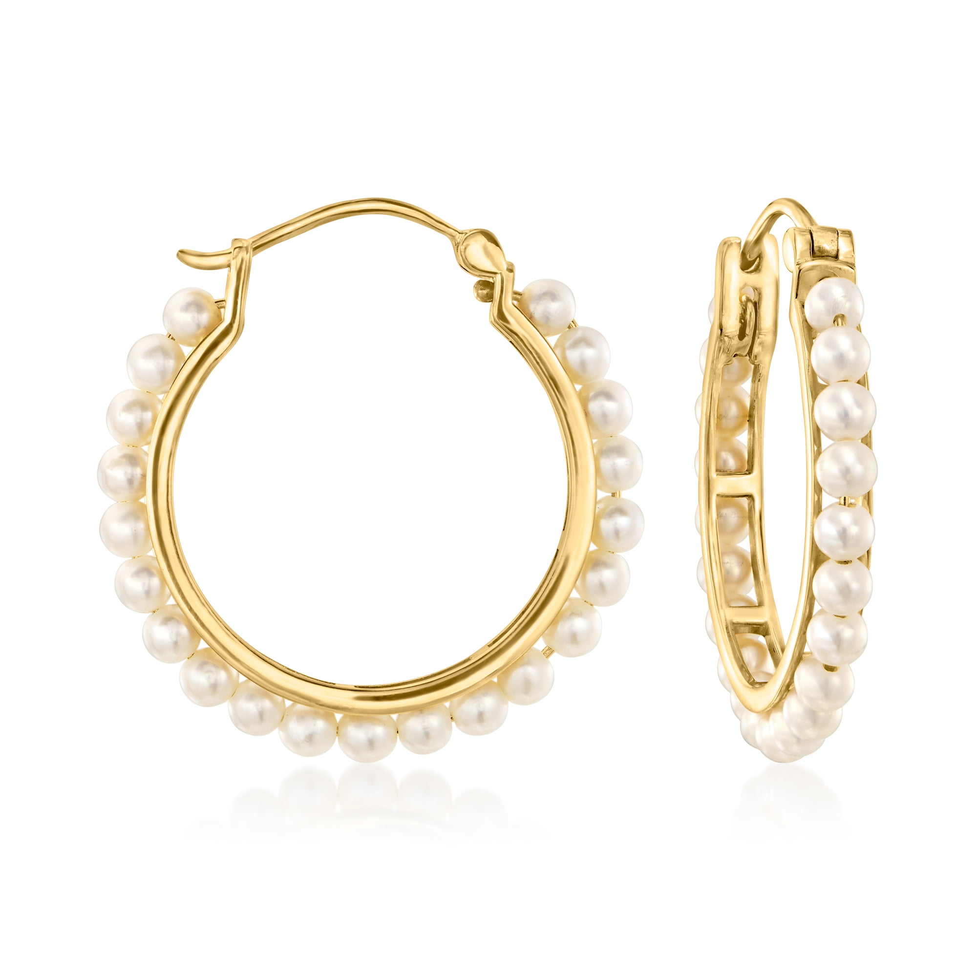 ROSS-SIMONS 3-3.5mm Cultured Pearl Hoop Earrings in 18kt Gold Over Sterling, Women's, Adult