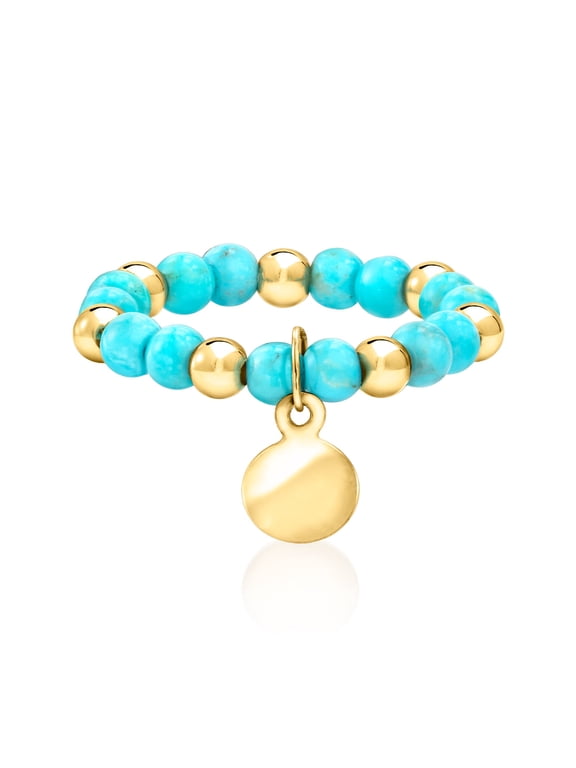 3-3.5mm Turquoise and 10kt Yellow Gold Bead Stretch Ring With Disc Charm. Large (9-10), Women's, Adult