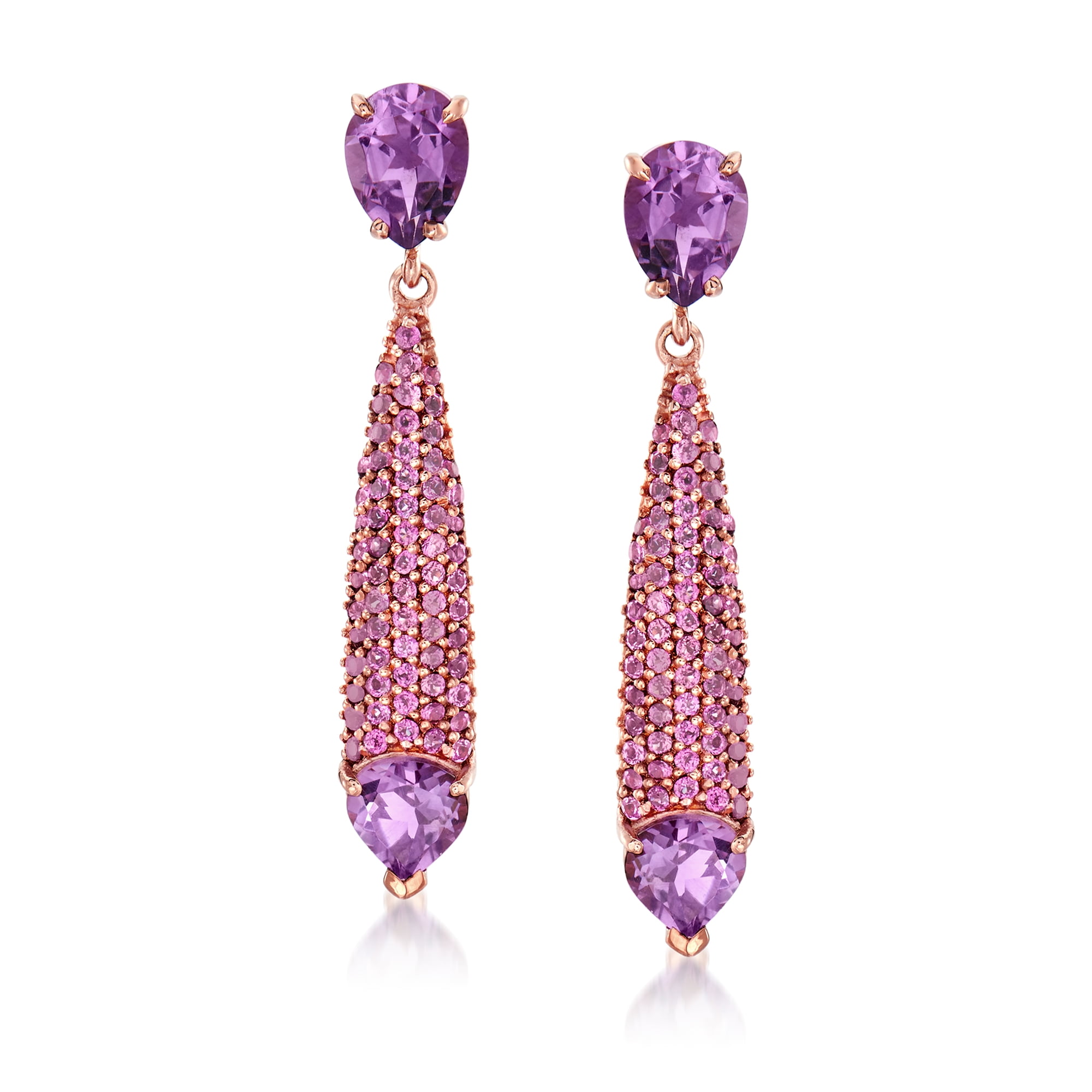 Ross-Simons 3.30 ct. t.w. Amethyst and 1.40 ct. t.w. Rhodolite Garnet Drop Earrings in 18kt Rose Gold Over Sterling, Women's, Adult