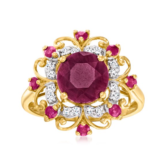 Ross-Simons 3.40 ct. t.w. Ruby and .12 ct. t.w. Diamond Frame Ring in 14kt Yellow Gold, Women's, Adult