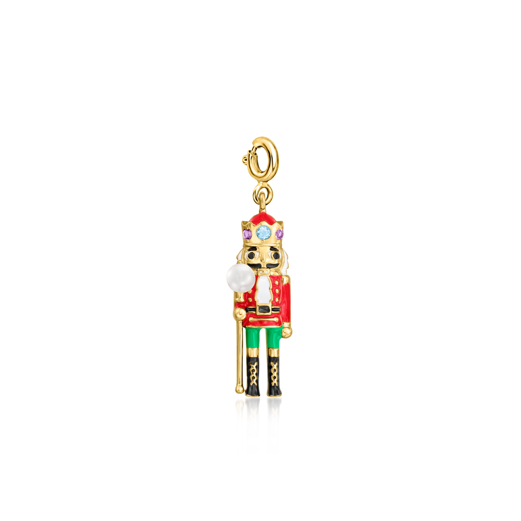 ROSS-SIMONS 3.5-4mm Cultured Pearl and .12 ct. t.w. Multi-Gemstone Nutcracker Charm With Multicolored Enamel in 18kt Gold Over Sterling, Women's, Adult