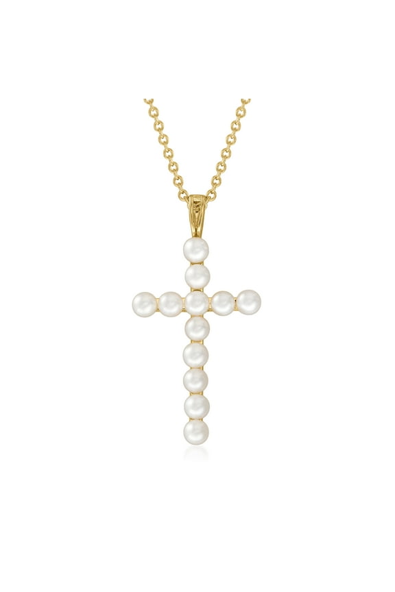 3.5-4mm Cultured Pearl Cross Pendant Necklace in 18kt Gold Over Sterling, Women's, Adult
