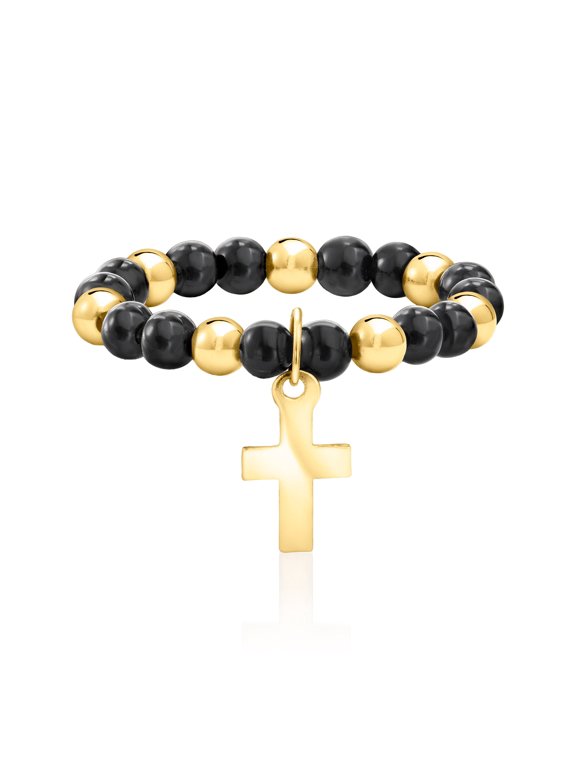 3mm Onyx and 10kt Yellow Gold Bead Stretch Ring With Cross Charm. Small (5-6), Women's, Adult