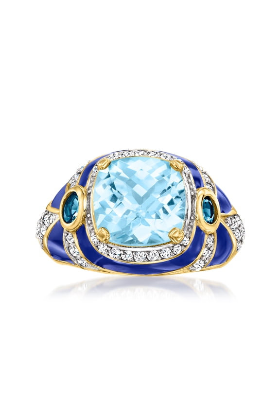 4.40 ct. t.w. London and Sky Blue Topaz and .50 ct. t.w. White Zircon Ring With Blue Enamel in 18kt Gold Over Sterling, Women's, Adult