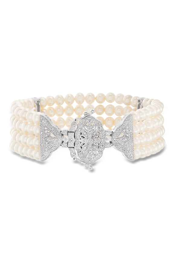 4.5-5mm Cultured Pearl and .15 ct. t.w. Diamond Multi-Strand Bracelet in Sterling Silver, Women's, Adult