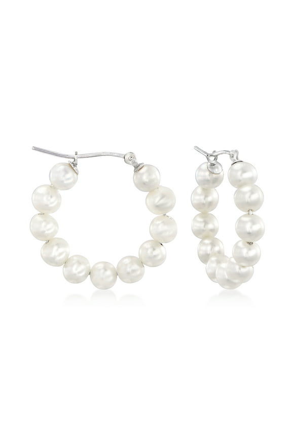 4-5mm Cultured Pearl Hoop Earrings in Sterling Silver, Women's, Adult