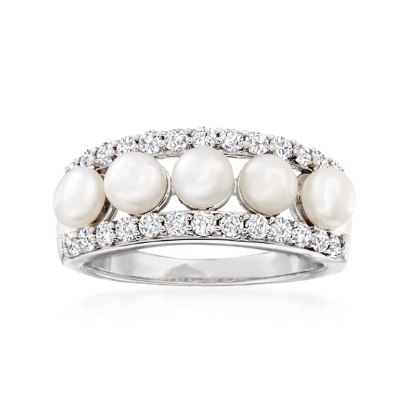 Ross-Simons 4.5mm Cultured Pearl and 1.00 ct. t.w. White Topaz Ring in Sterling Silver, Women's, Adult