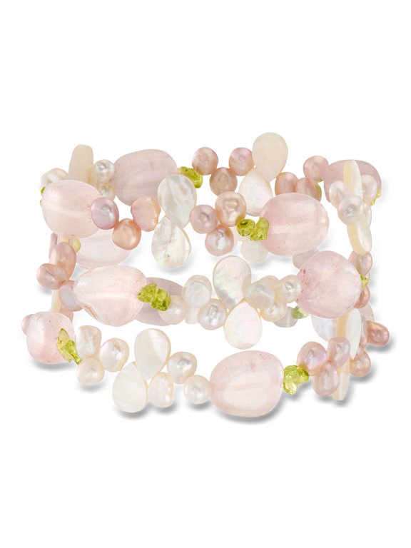 5-6mm Cultured Pearl, 100.00 ct. t.w. Rose Quartz and 11.00 ct. t.w. Peridot Bead Jewelry Set: 3 Stretch Bracelets, Women's, Adult