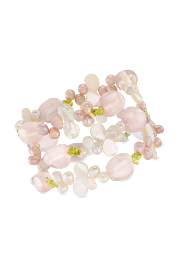 5-6mm Cultured Pearl, 100.00 ct. t.w. Rose Quartz and 11.00 ct. t.w. Peridot Bead Jewelry Set: 3 Stretch Bracelets, Women's, Adult