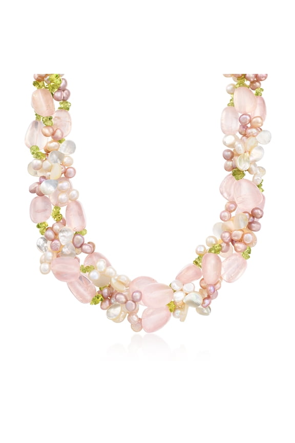 4-5mm Multicolored Cultured Pearl and Multi-Stone Torsade Necklace With Sterling Silver, Women's, Adult