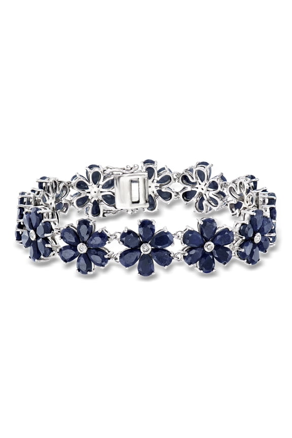 45.00 ct. t.w. Sapphire and .10 ct. t.w. Diamond Flower Bracelet in Sterling Silver, Women's, Adult