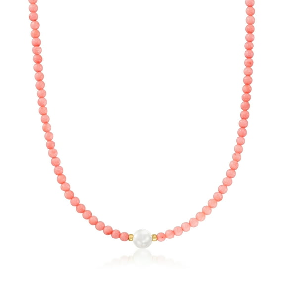 Ross-Simons 4mm Pink Coral Bead and 8.5-9mm Cultured Pearl Necklace With 18kt Gold Over Sterling, Women's, Adult