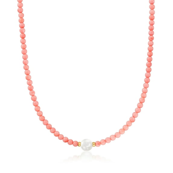 Ross-Simons 4mm Pink Coral Bead and 8.5-9mm Cultured Pearl Necklace With 18kt Gold Over Sterling, Women's, Adult