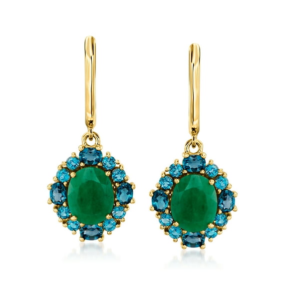 Ross-Simons 5.50 ct. t.w. Emerald and 2.80 ct. t.w. London Blue Topaz Drop Earrings in 18kt Gold Over Sterling, Women's, Adult