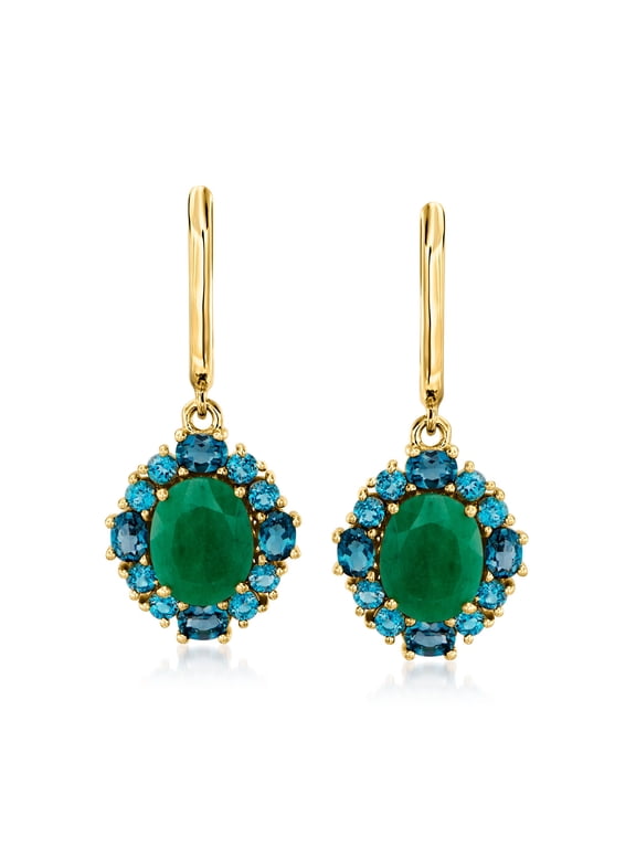 5.50 ct. t.w. Emerald and 2.80 ct. t.w. London Blue Topaz Drop Earrings in 18kt Gold Over Sterling, Women's, Adult