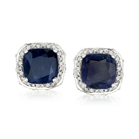 Ross-Simons 5.60 ct. t.w. Sapphire and .10 ct. t.w. White Topaz Double-Frame Stud Earrings in Sterling Silver, Women's, Adult