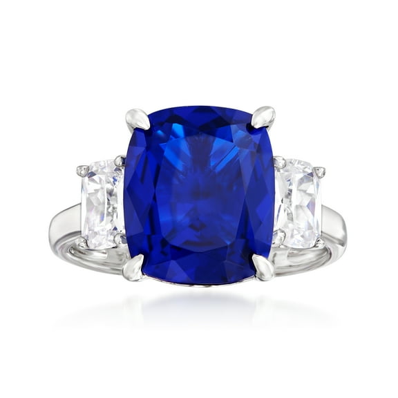 Ross-Simons 6.25 Carat Simulated Sapphire and 1.10 ct. t.w. CZ 3-Stone Ring in Sterling Silver, Women's, Adult
