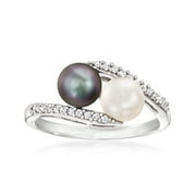 ROSS-SIMONS 6-6.5mm Black and White Cultured Button Pearl and .13 ct. t.w. Diamond Bypass Ring in Sterling Silver, Women's, Adult