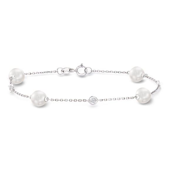 Ross-Simons 6-6.5mm Cultured Pearl Bracelet With Diamond Accents in 14kt White Gold, Women's, Adult